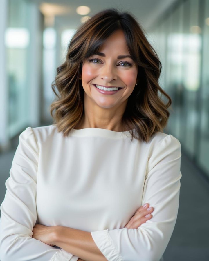 Karen Ferrero, smiling with arms crossed, wearing a cream blouse in a bright office hallway
